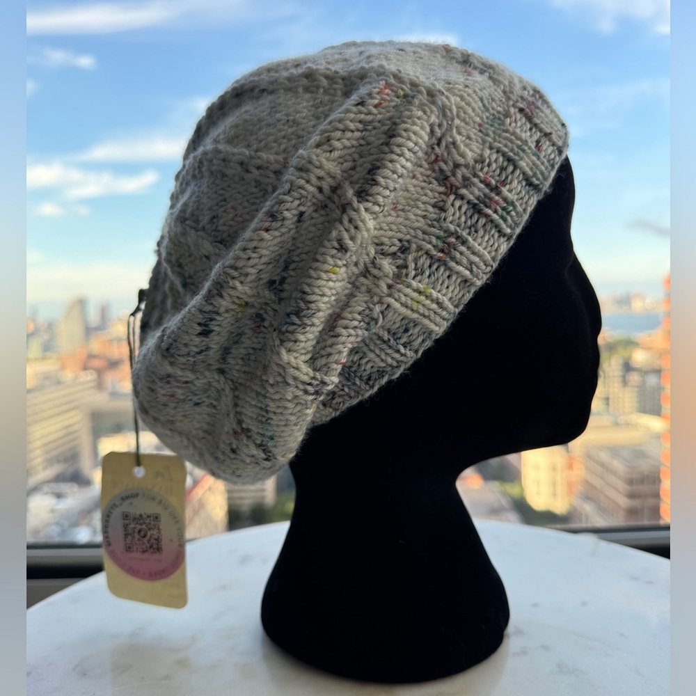 Handcrafted Knit Spiral Slouchy Hat - White and Rainbow Marled